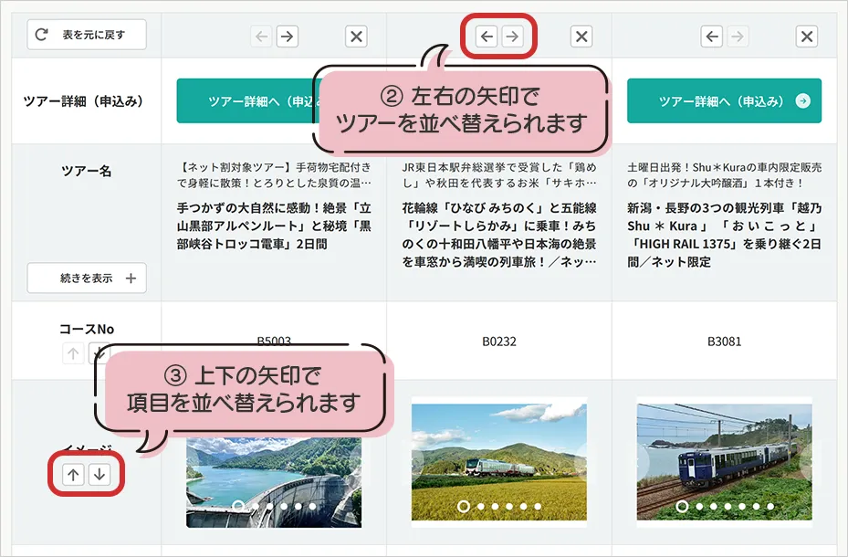 左右の矢印でツアーを並べ替えられます　上下の矢印で項目を並べ替えられます