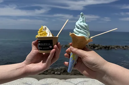 左）海里限定specialソフトクリーム　右）日本海ソフトクリーム
